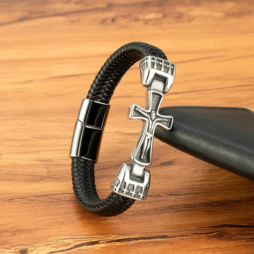 XQNI Black Leather Magnetic Bracelet Cross Design Mature and Stable and Elegant Giving The Best Gift for Men Bangle Jewelry