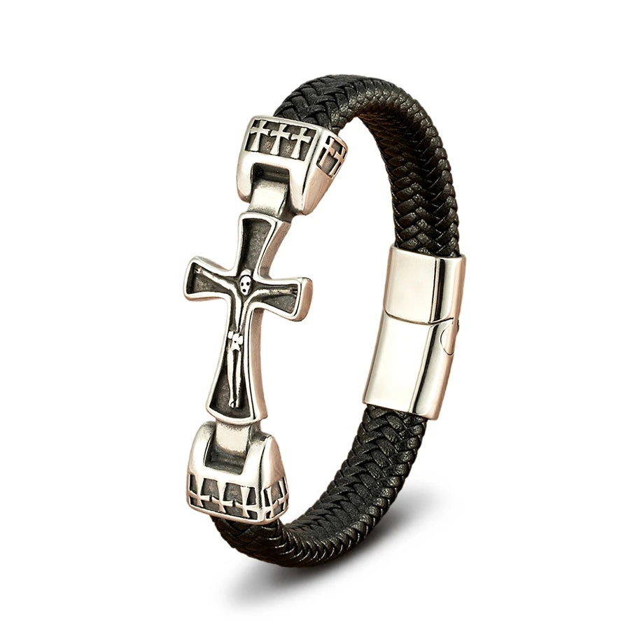 XQNI Black Leather Magnetic Bracelet Cross Design Mature and Stable and Elegant Giving The Best Gift for Men Bangle Jewelry