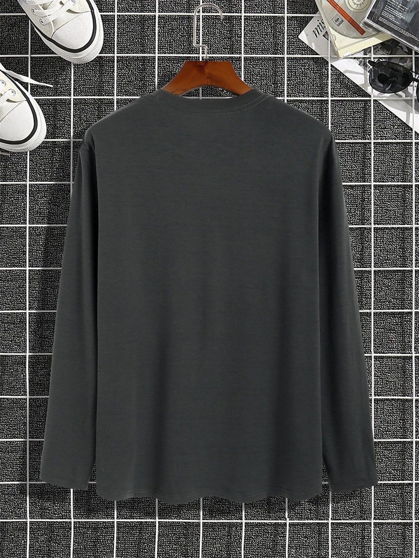 Men's Spring and Autumn 100% Cotton Loose Comfortable Casual ITALIA Letter Pattern Printed Round Neck Long Sleeve T-shirt