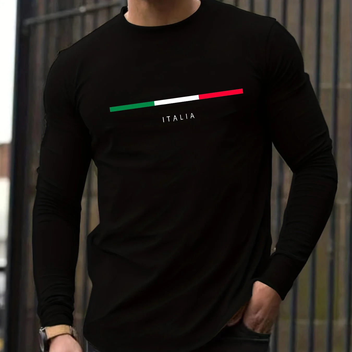 Men's Spring and Autumn 100% Cotton Loose Comfortable Casual ITALIA Letter Pattern Printed Round Neck Long Sleeve T-shirt