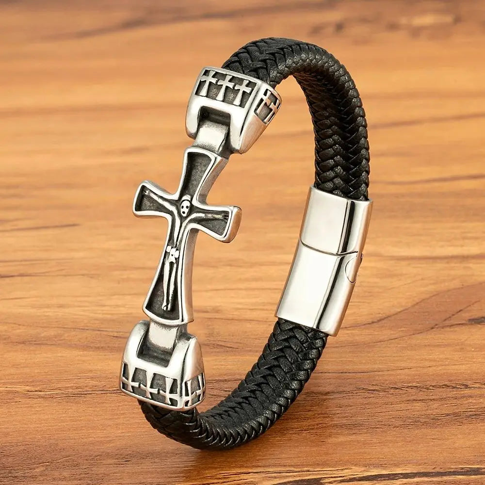 XQNI Black Leather Magnetic Bracelet Cross Design Mature and Stable and Elegant Giving The Best Gift for Men Bangle Jewelry