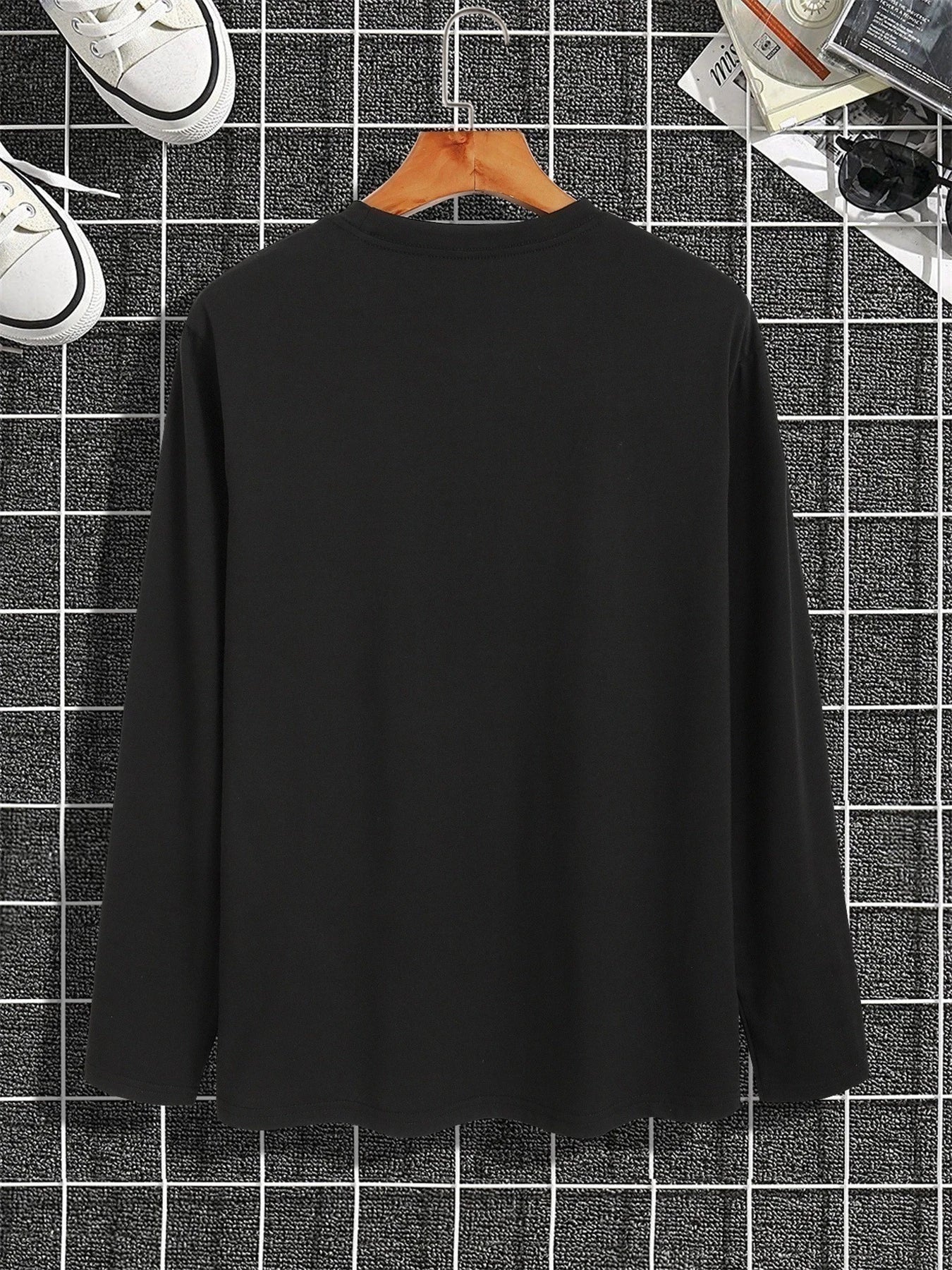 Men's Spring and Autumn 100% Cotton Loose Comfortable Casual ITALIA Letter Pattern Printed Round Neck Long Sleeve T-shirt